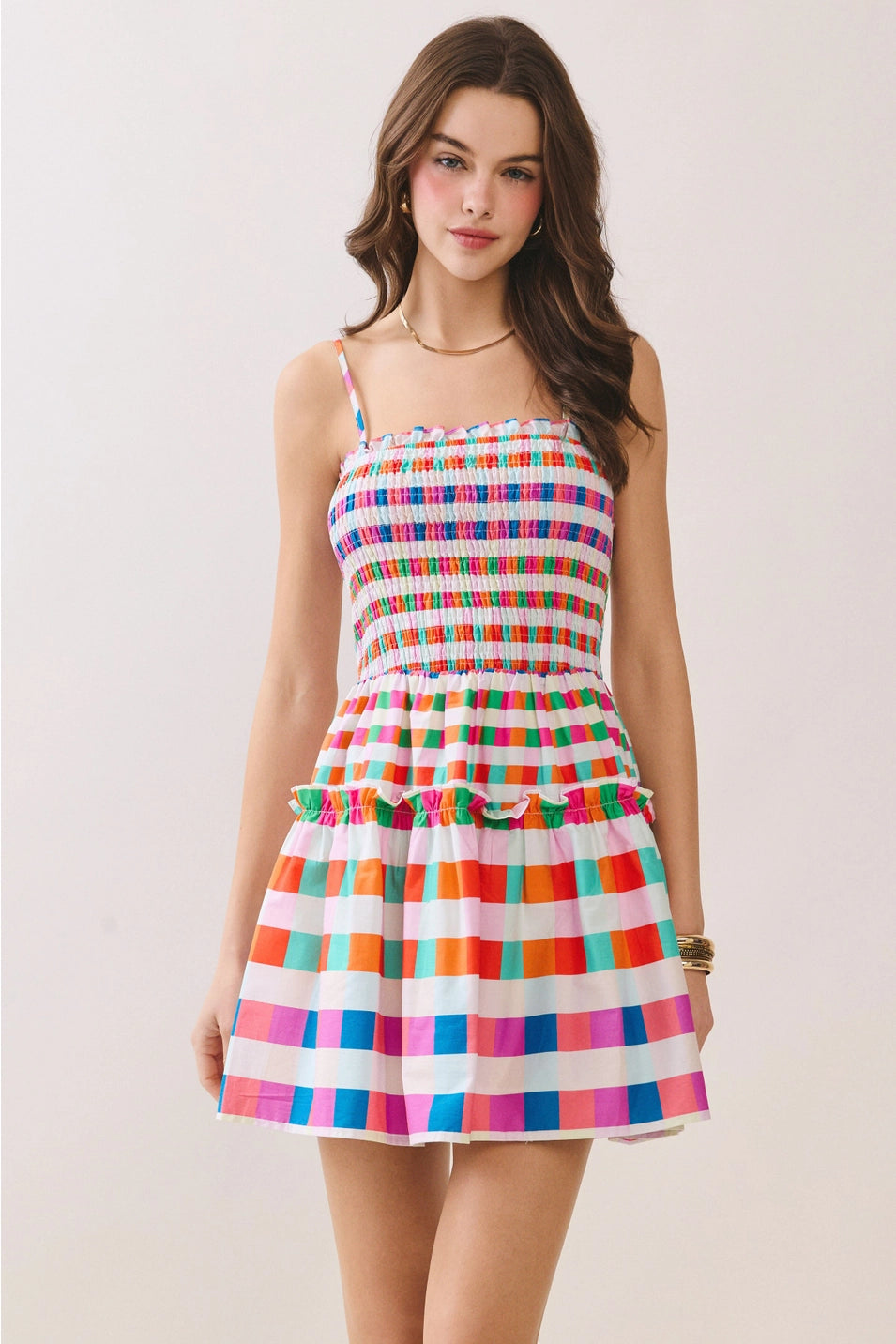 MULTI COLOR CHECKERED SMOCKED BODICE MINI DRESS