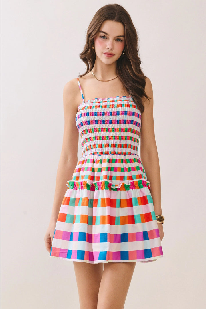 MULTI COLOR CHECKERED SMOCKED BODICE MINI DRESS