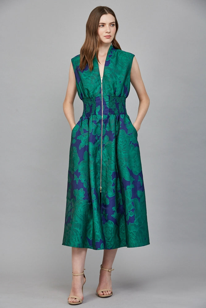 FLORAL JACQUARD FRONT ZIP CLOSURE V-NECK DRESS