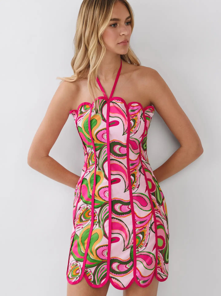 SCALLOPED DETAIL HALTER MINI DRESS