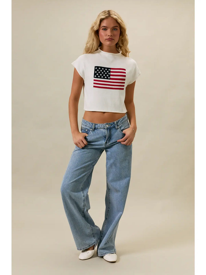 DROP SHOULDER MOCK NECK "USA FLAG" SWEATER