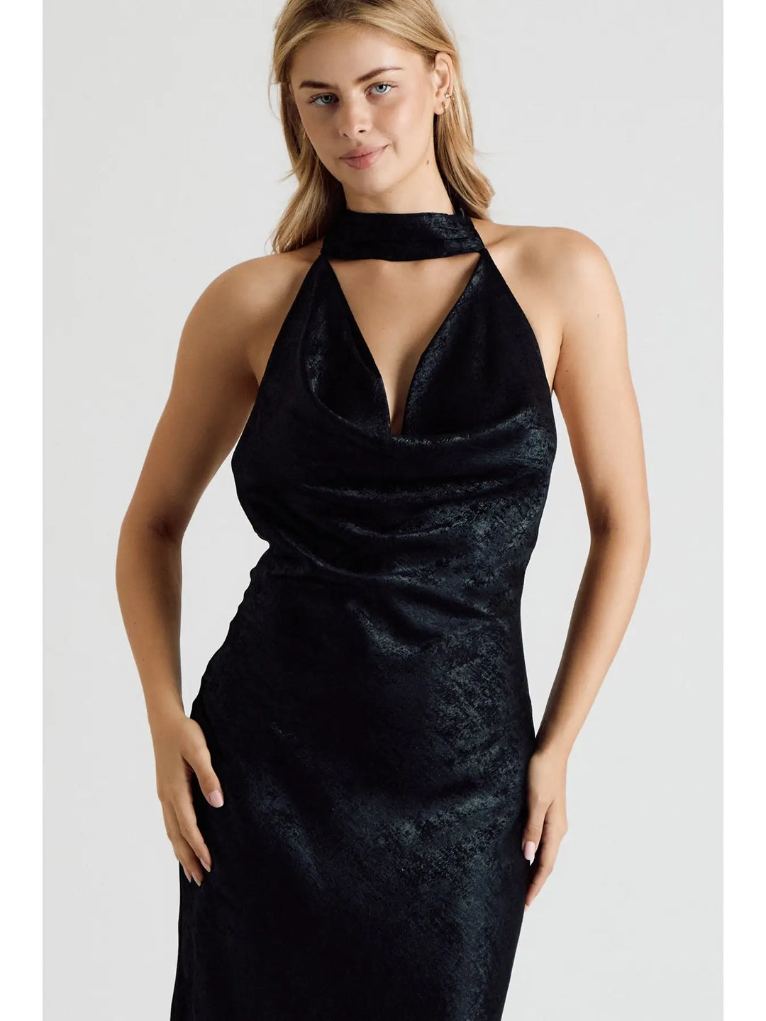 METALLIC HALTER COWL NECK OPEN BACK MAXI DRESS