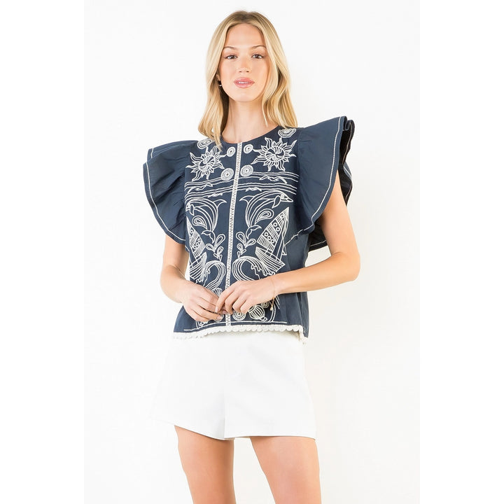 RUFFLE SLEEVES EMBROIDERY DETAIL TOP