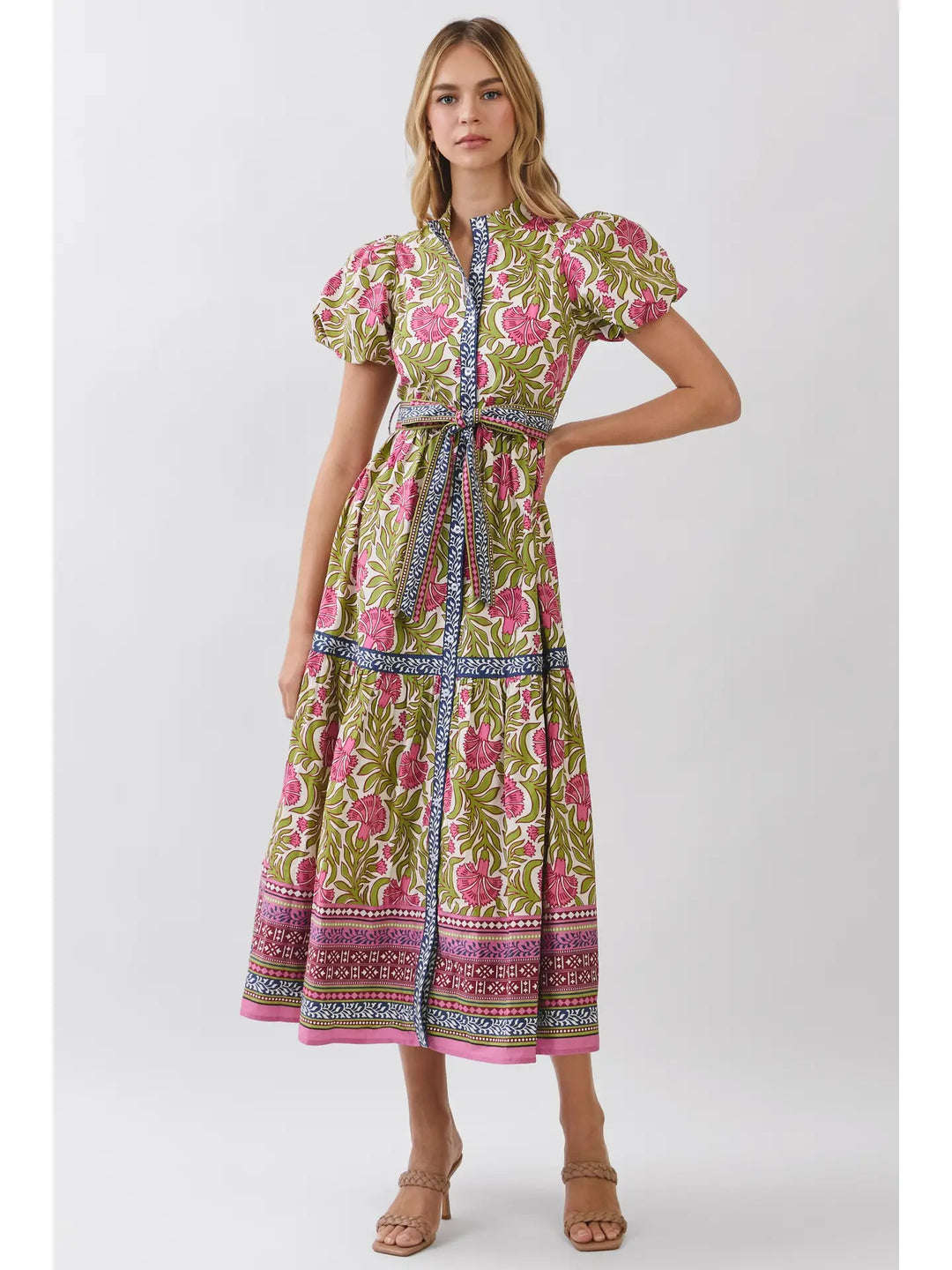 FLORAL BORDER PRINT TIE WAIST MAXI DRESS