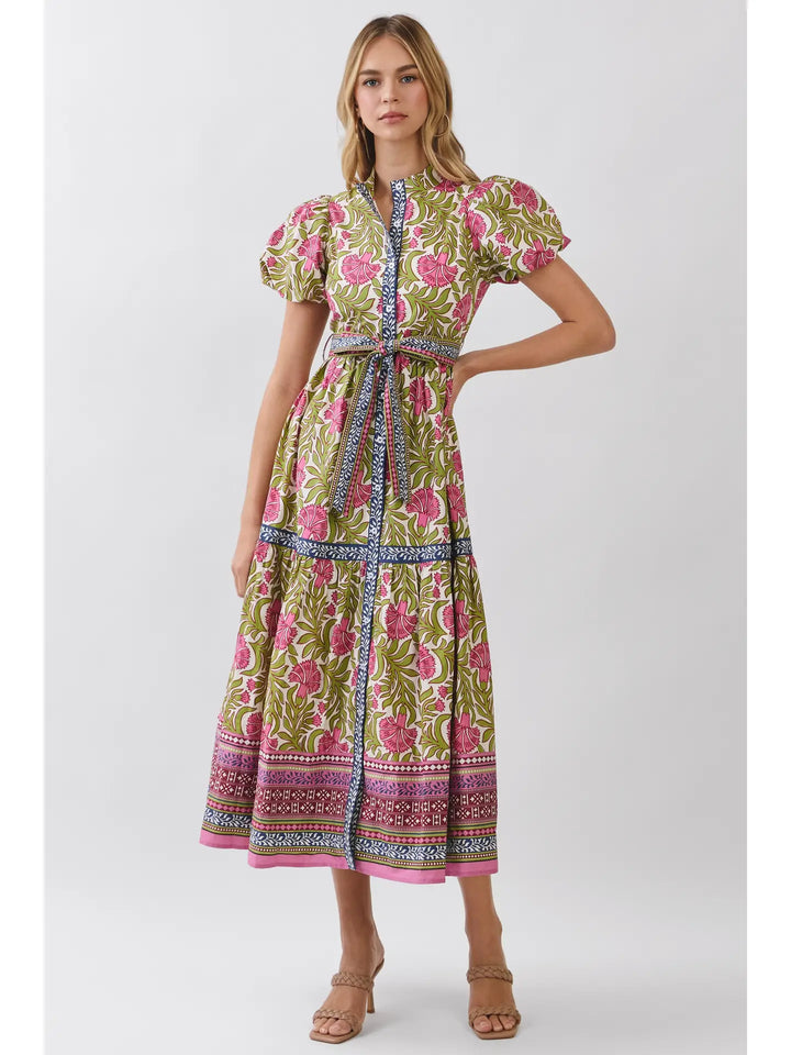 FLORAL BORDER PRINT TIE WAIST MAXI DRESS