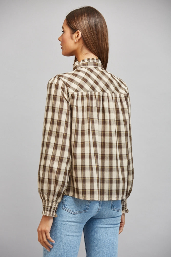 PLAID RUFFLED HIGH COLLAR BUTTON DOWN BLOUSE