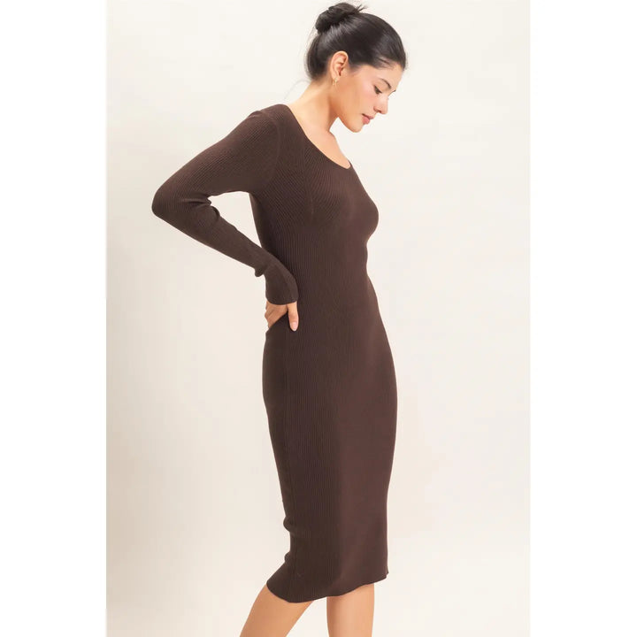RIBBED V-NECK LONG SLEEVE DRESS