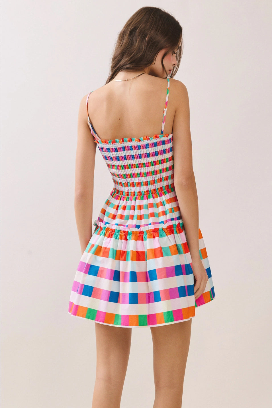 MULTI COLOR CHECKERED SMOCKED BODICE MINI DRESS