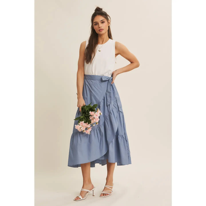 COASTAL BLUE TIERED WRAP TWOFER MIDI DRESS