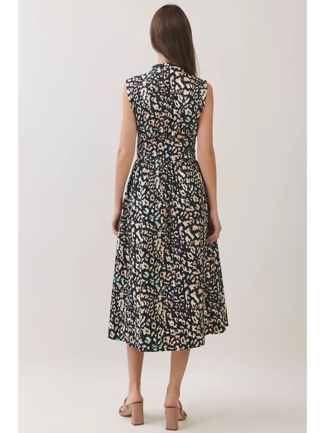 ANIMAL PRINT BELTED SNAP BUTTON CLOSURE MIDI DRESS