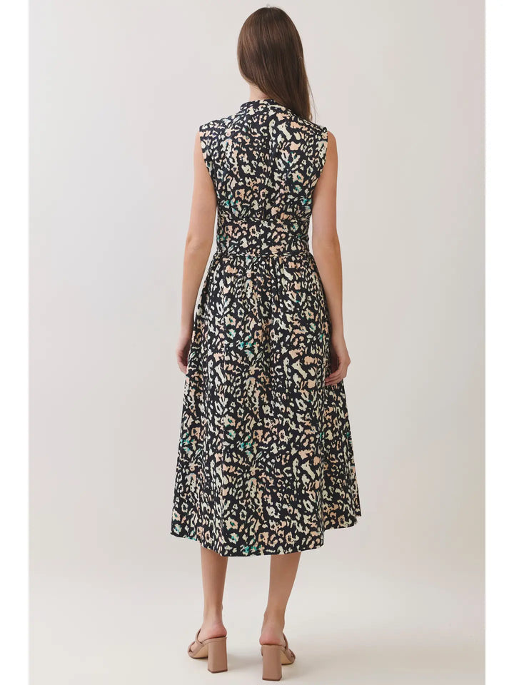 ANIMAL PRINT BELTED SNAP BUTTON CLOSURE MIDI DRESS