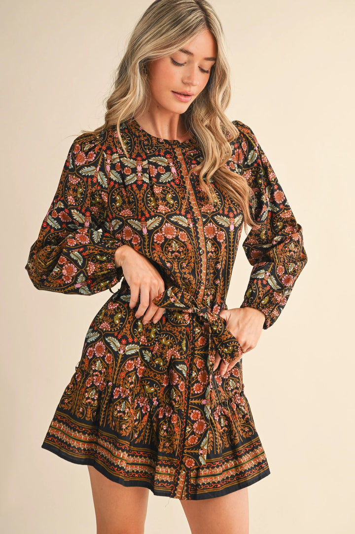 EXCLUSIVE FLORAL PRINT BELTED MINI DRESS