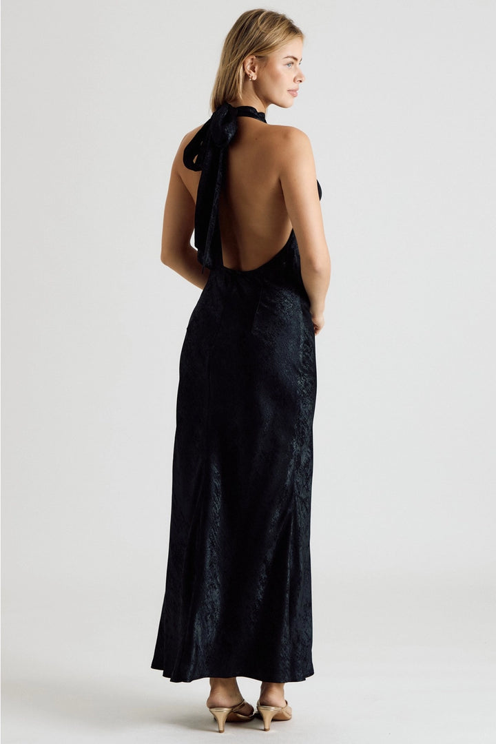 METALLIC HALTER COWL NECK OPEN BACK MAXI DRESS