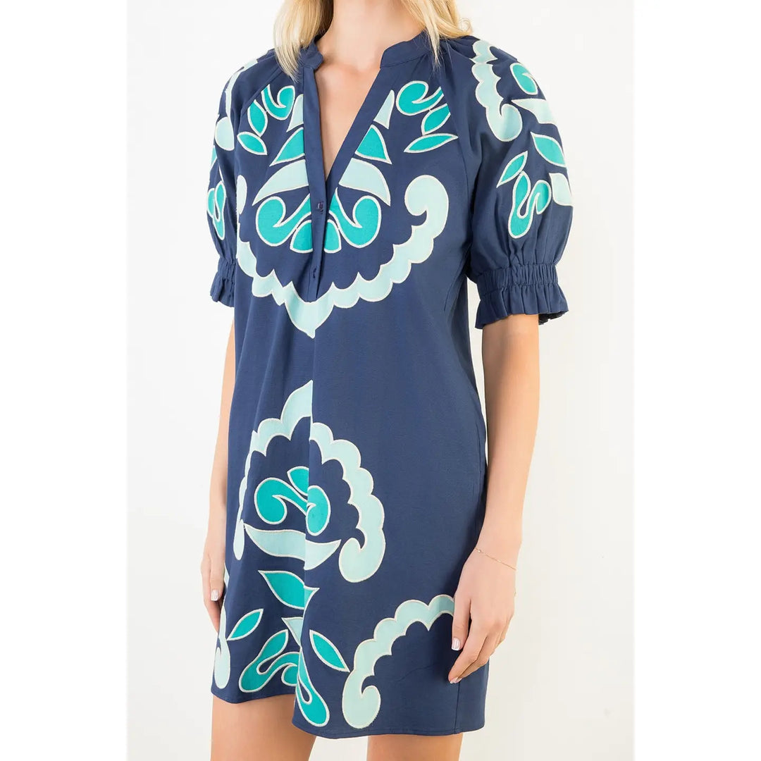 PUFF SLEEVE EMBROIDERY DETAIL V NECK DRESS
