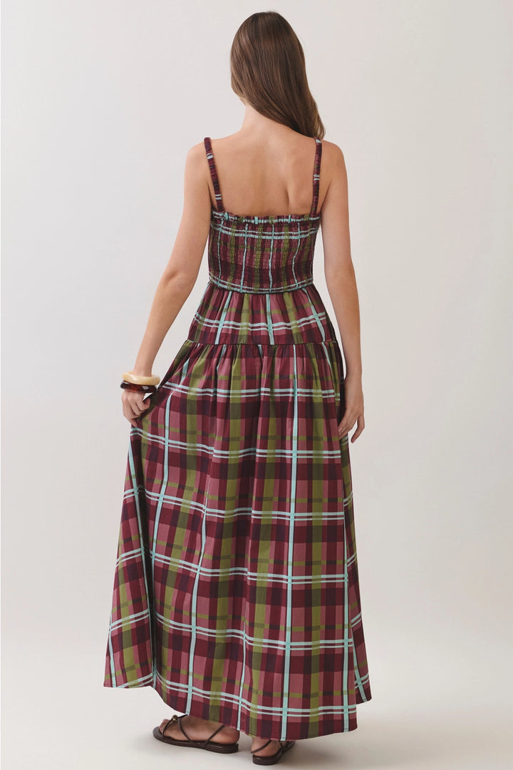 PLAID SMOCKED TIERED MAXI DRESS