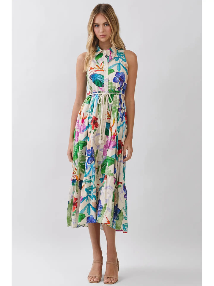 TROPICAL FLORAL SLEEVELESS BUTTON DOWN MIDI DRESS
