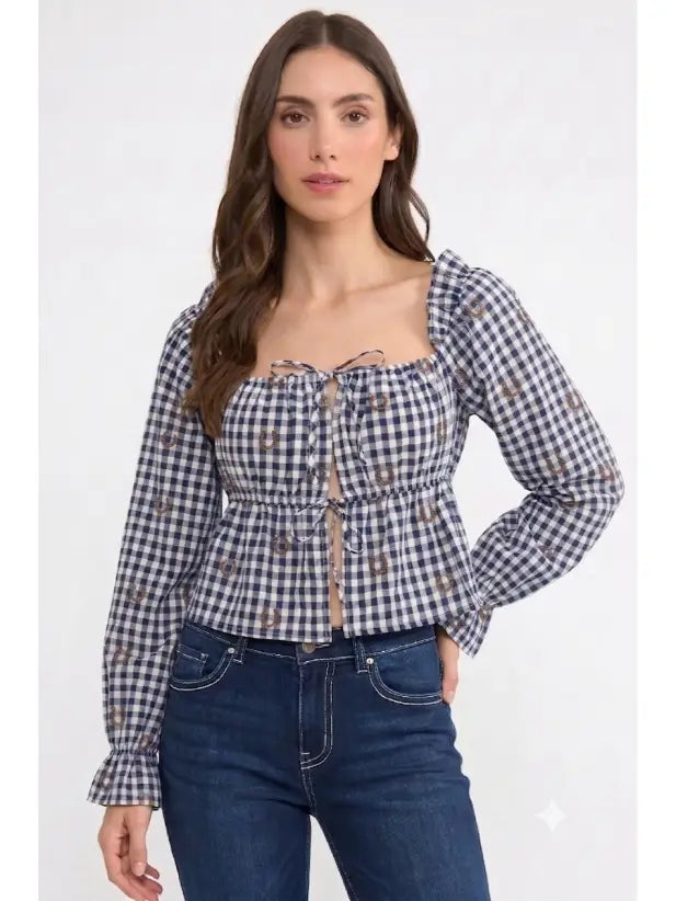 GINGHAM EYELET PEPLUM HORSESHOE EMBROIDERY TOP