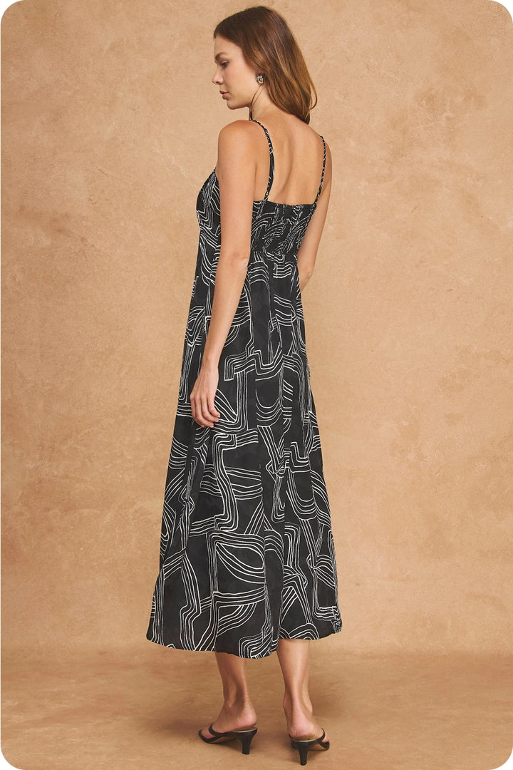 PINTUCK DETAIL PRINT SATIN LONG DRESS