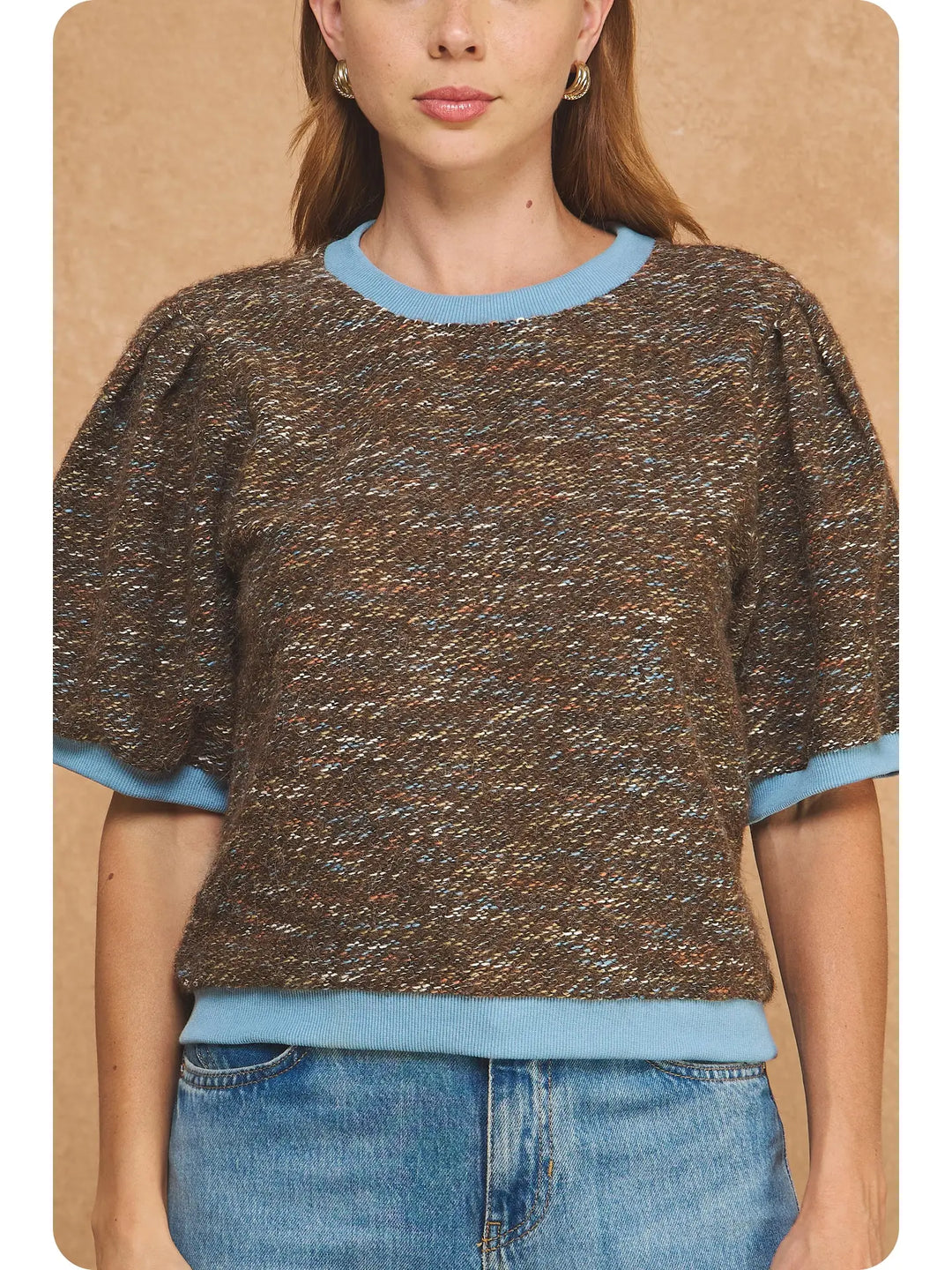 MARLED RIBBED CONTRAST SHORT PUFF SLEEVE SWEATER TOP