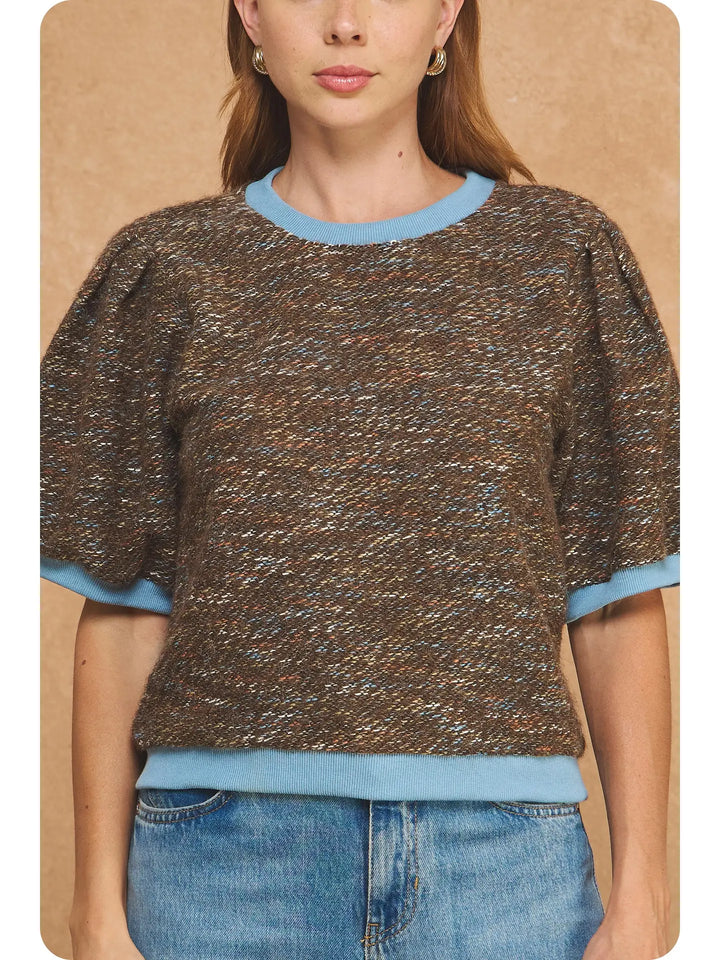 MARLED RIBBED CONTRAST SHORT PUFF SLEEVE SWEATER TOP