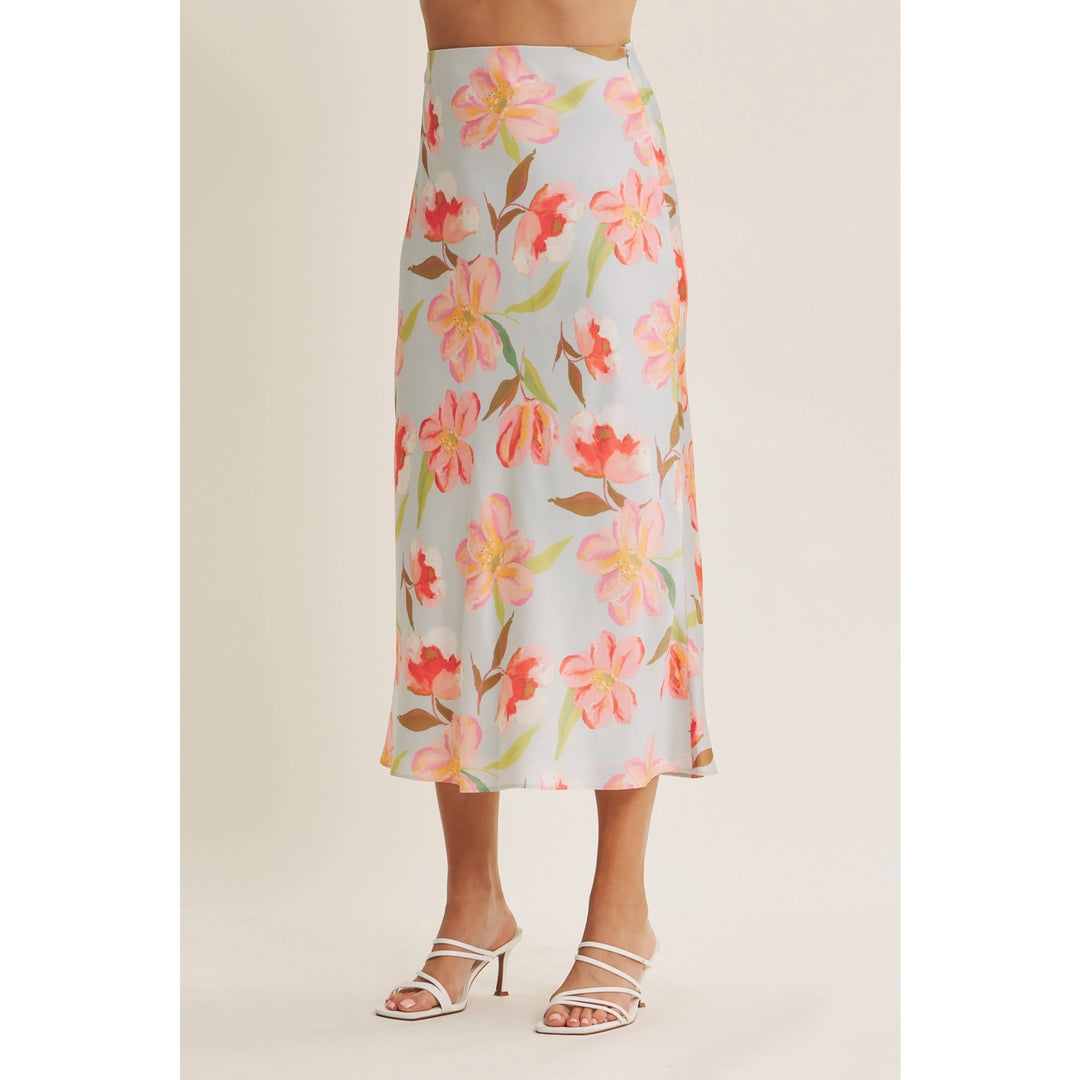 FLATTERING MOVEMENT FLORAL SATIN BIAS MIDI SKIRT