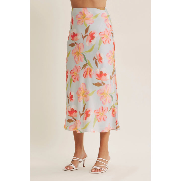 FLATTERING MOVEMENT FLORAL SATIN BIAS MIDI SKIRT