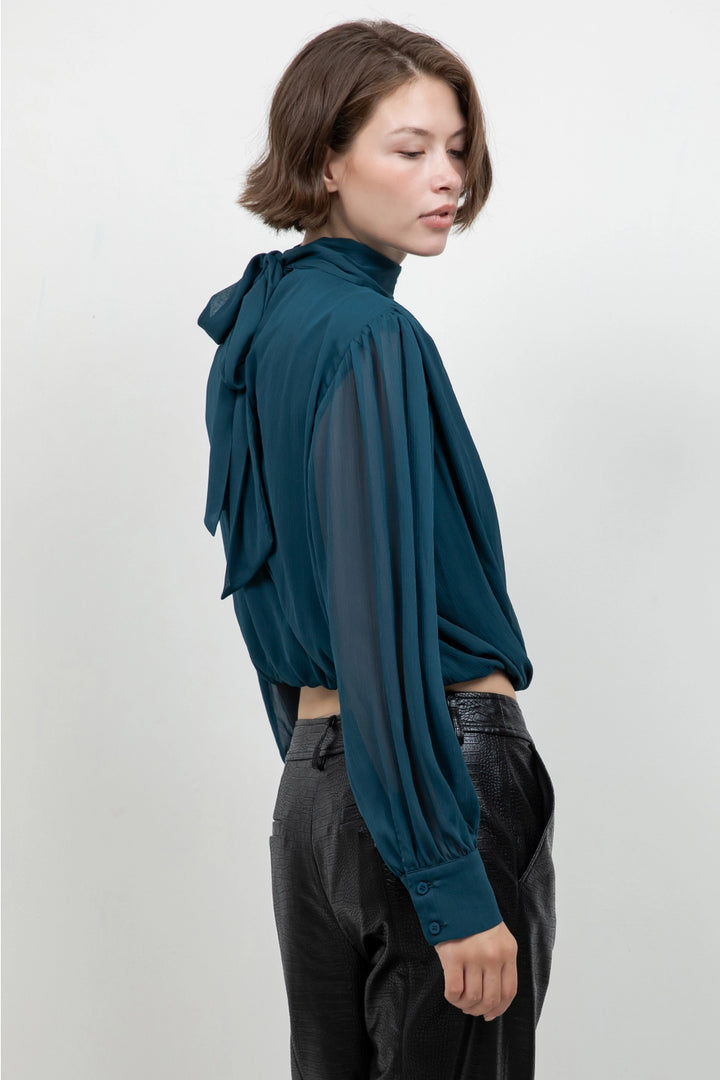 MOCK NECK DRAPE CHIFFON BLOUSE