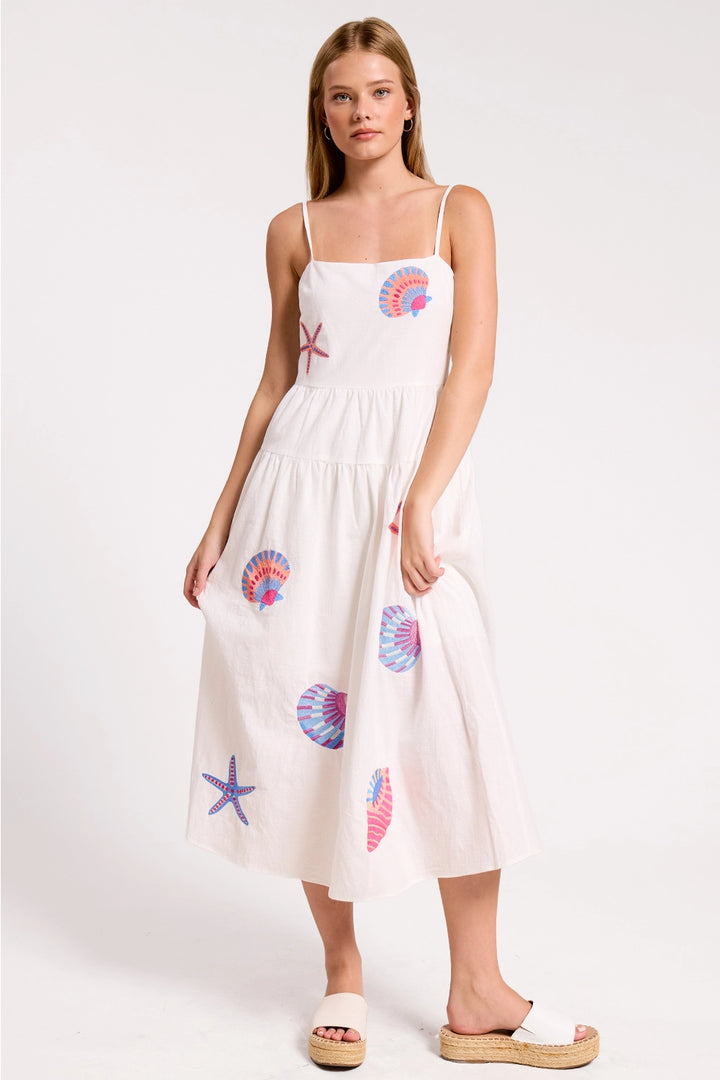 MARINE SHELL EMBROIDERED APPLIQUE MIDI DRESS