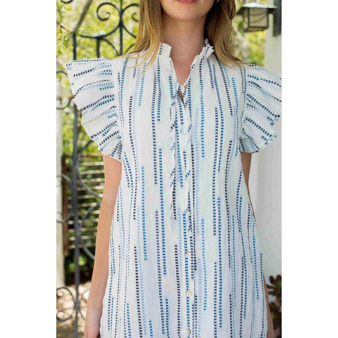 FLUTTER SLEEVE BUTTON UP EMBROIDERED DRESS