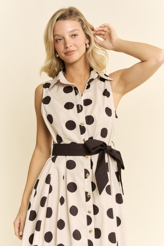 POLKA DOT BUTTON DOWN BELTED SLEEVELESS SHIRT DRESS