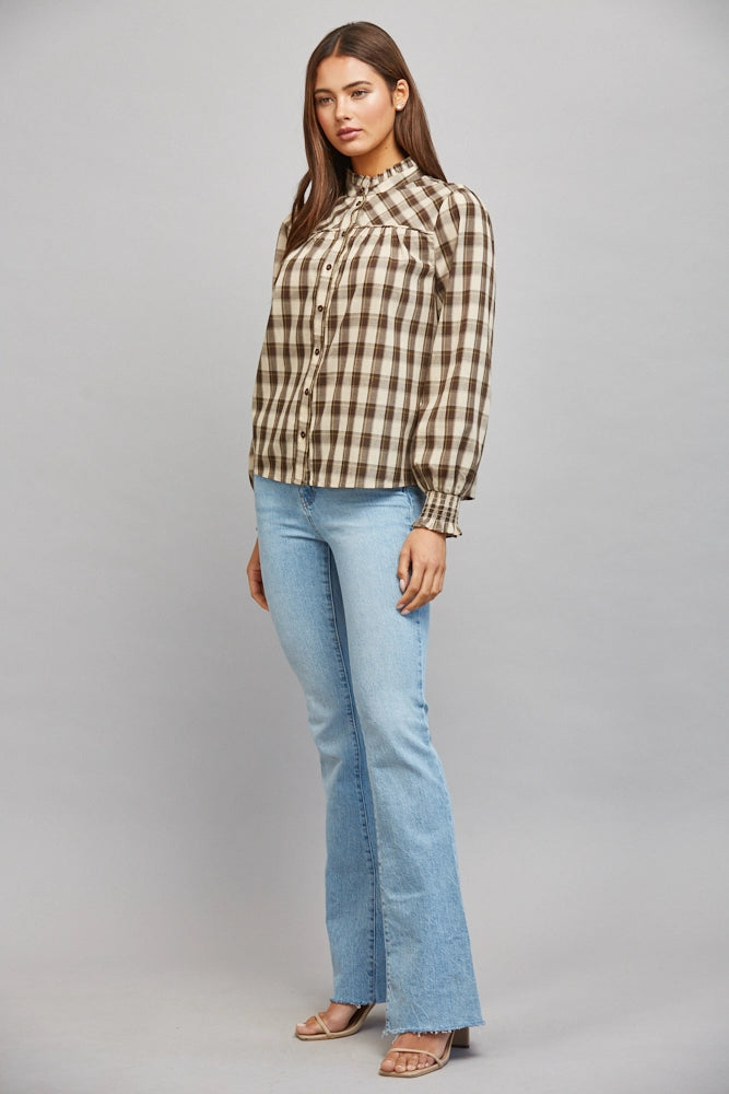 PLAID RUFFLED HIGH COLLAR BUTTON DOWN BLOUSE