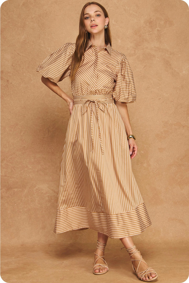 STRIPED TENCEL PUFF SLEEVE SHIRT MIDI DRESS