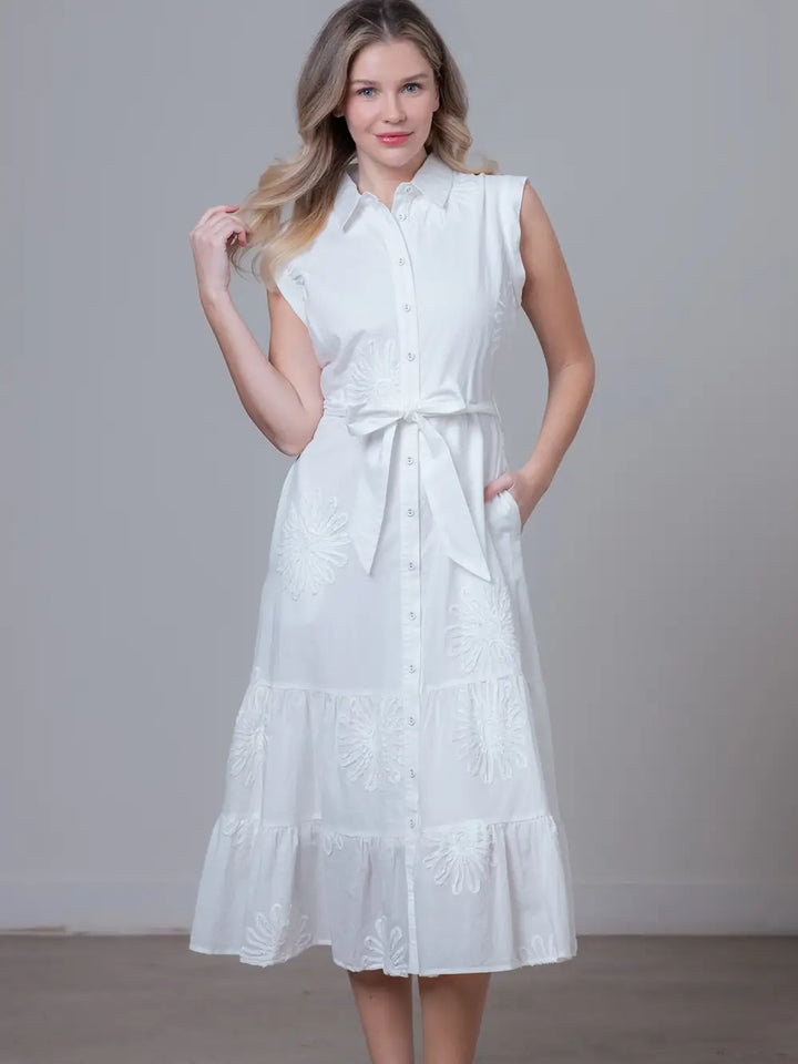 APPLIQUE TIERED SKIRT MIDI DRESS