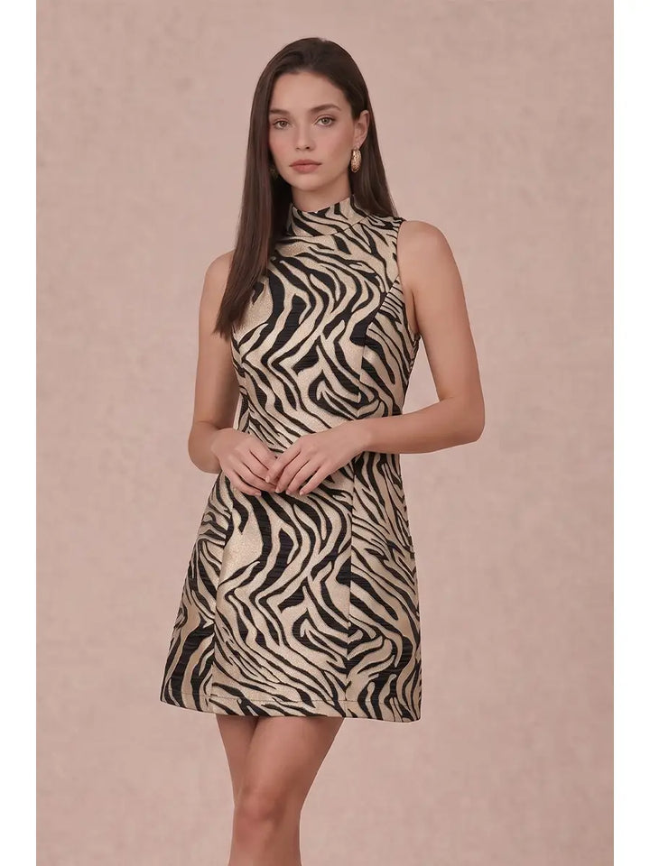 MOCK NECK TIGER METALLIC JACQUARD MINI DRESS