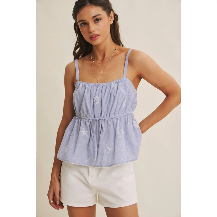 SUMMER TOP IN SEASHEEL STARFISH EMBROIDERY