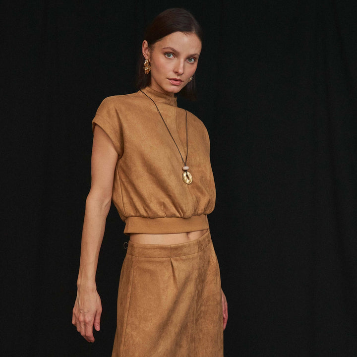 MOCK NECK STRETCH SUEDE TOP &amp; SKIRT SET