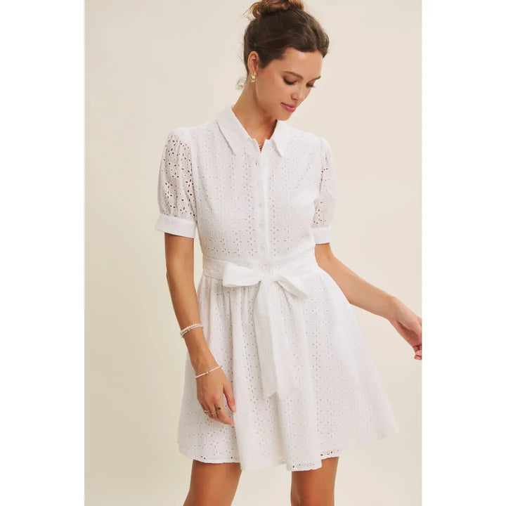 COTTON EYELET BUTTON-DOWN MINI DRESS