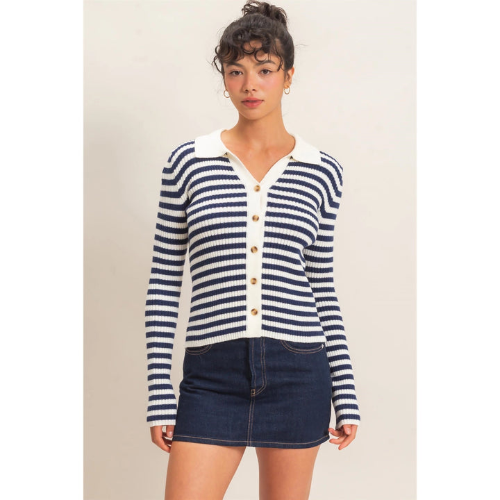 RIBBED STRIPED POLO KNIT TOP