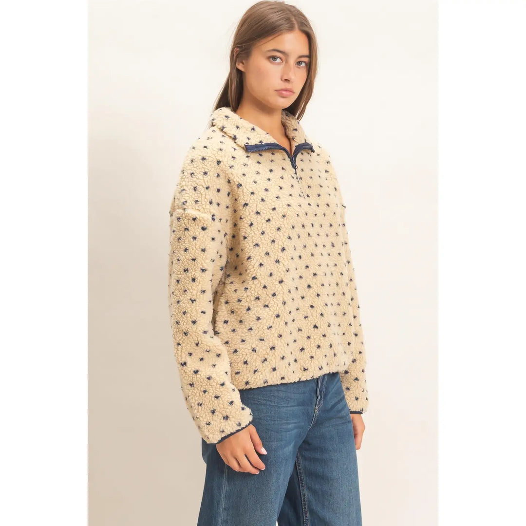 POLKA DOT SHERPA HALF-ZIP PULLOVER