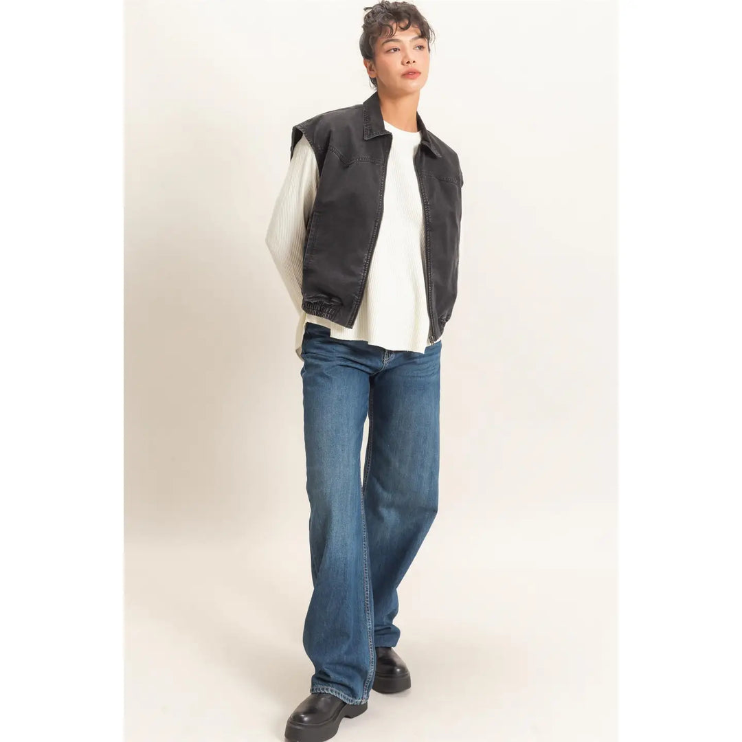 MINERAL WASH SLEEVELESS ZIP-UP COLLAR VEST