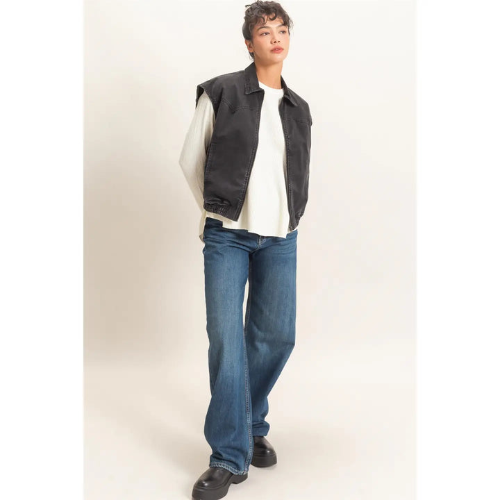 MINERAL WASH SLEEVELESS ZIP-UP COLLAR VEST