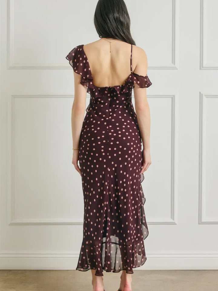 SOFT SPRINKLE ASYMMETRICAL RUFFLED MAXI DRESS