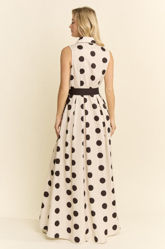 POLKA DOT BUTTON DOWN BELTED SLEEVELESS SHIRT DRESS