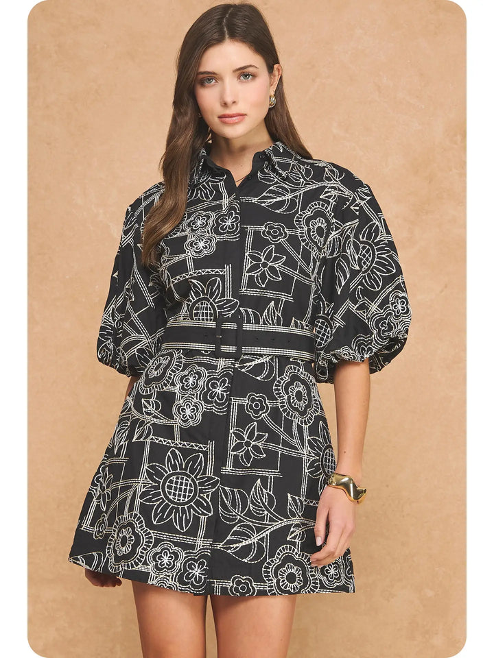 EMBROIDERY PUFF SLEEVE MINI DRESS