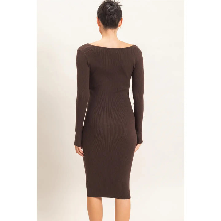 RIBBED V-NECK LONG SLEEVE DRESS