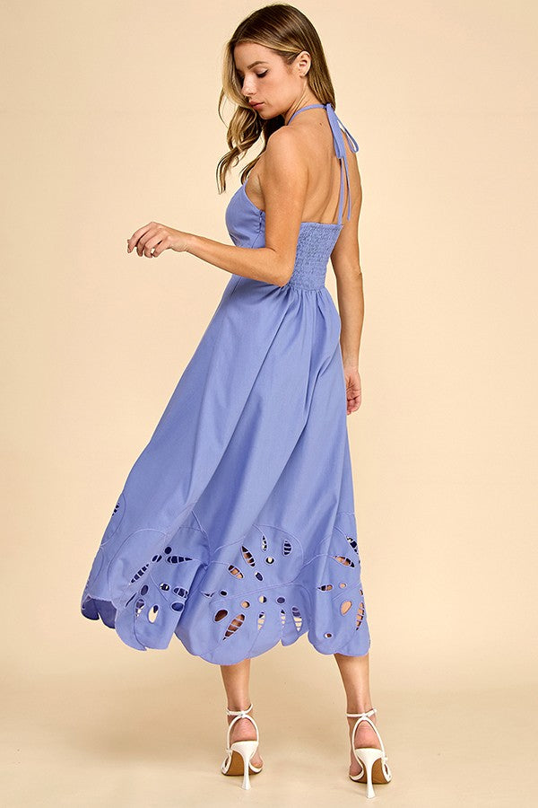 HALTER NECKLINE MIDI DRESS WITH EMBROIDERED DETAIL