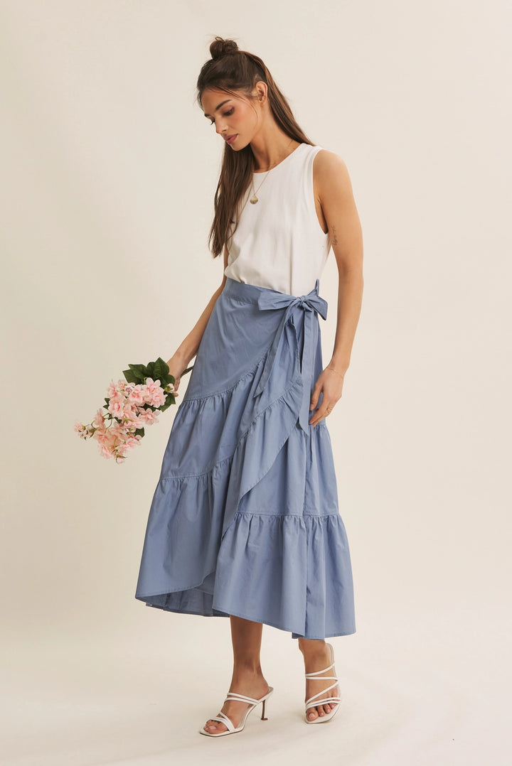 COASTAL BLUE TIERED WRAP TWOFER MIDI DRESS