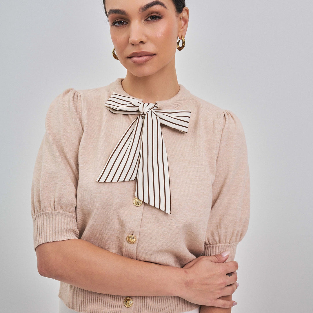 SATIN STRIPE BOW DETAILED SWEATER CARDIGAN