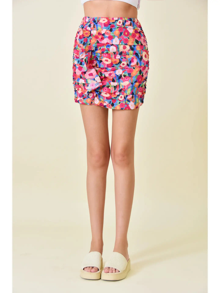 FLORAL PRINT RUFFLED RUCHED MINI SKIRT