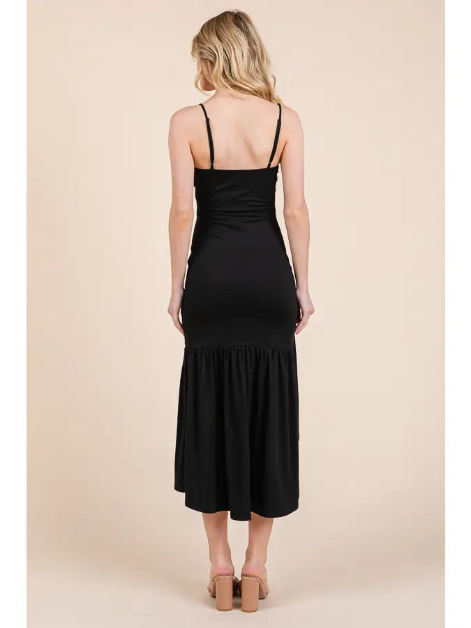RUFFLE FLARE MIDI SLIT DRESS